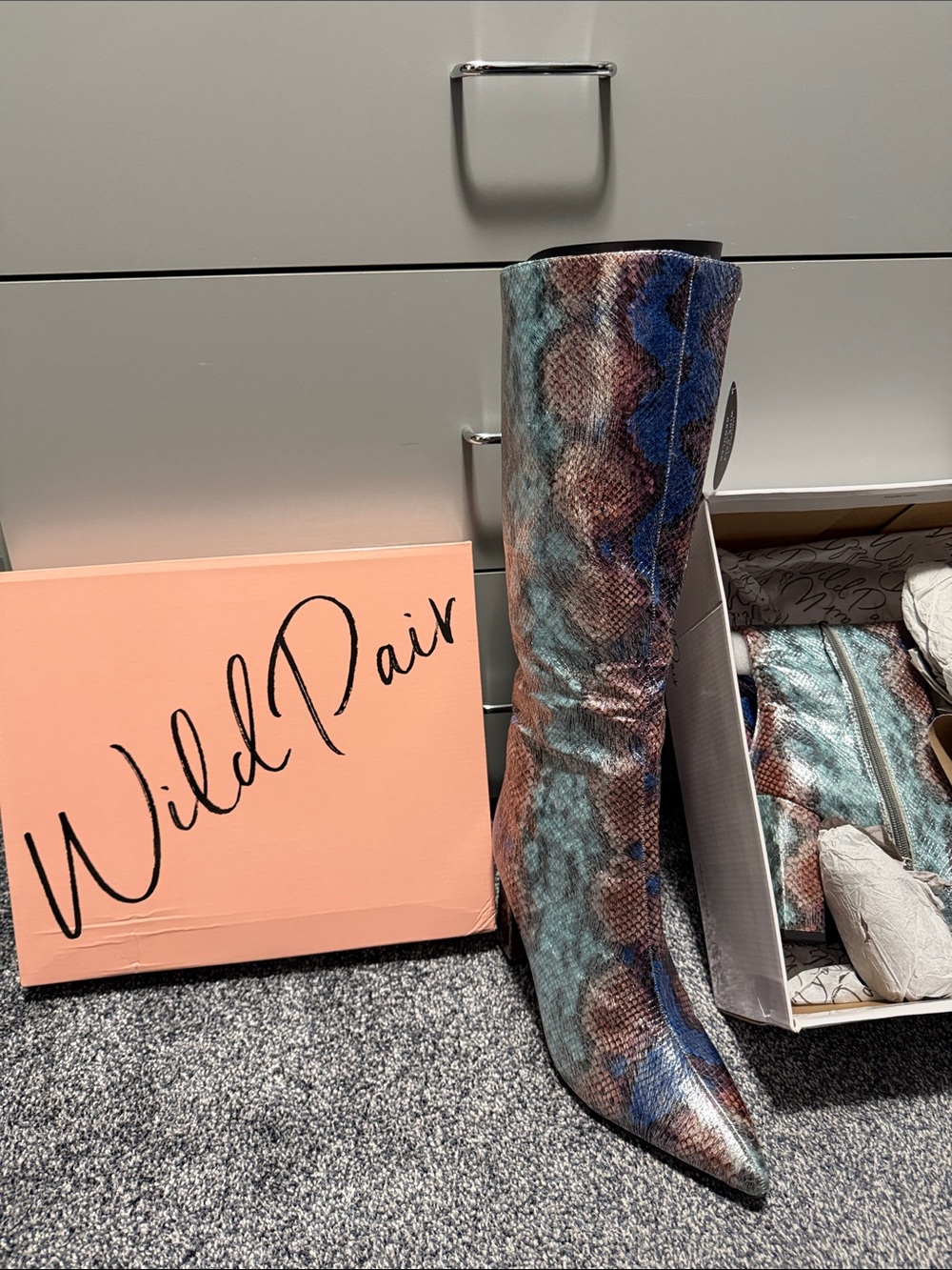 Wild Pair Multicolor Snake-Print Over-the-Knee Boot in Blue, Teal & Brown